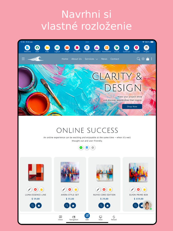 Editor rozloženia aplikácie na tvorbu webových stránok – pohľad na tablet
