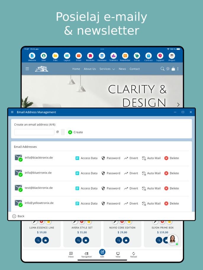 Rozosielanie newsletterov cez aplikáciu – pohľad na tablet
