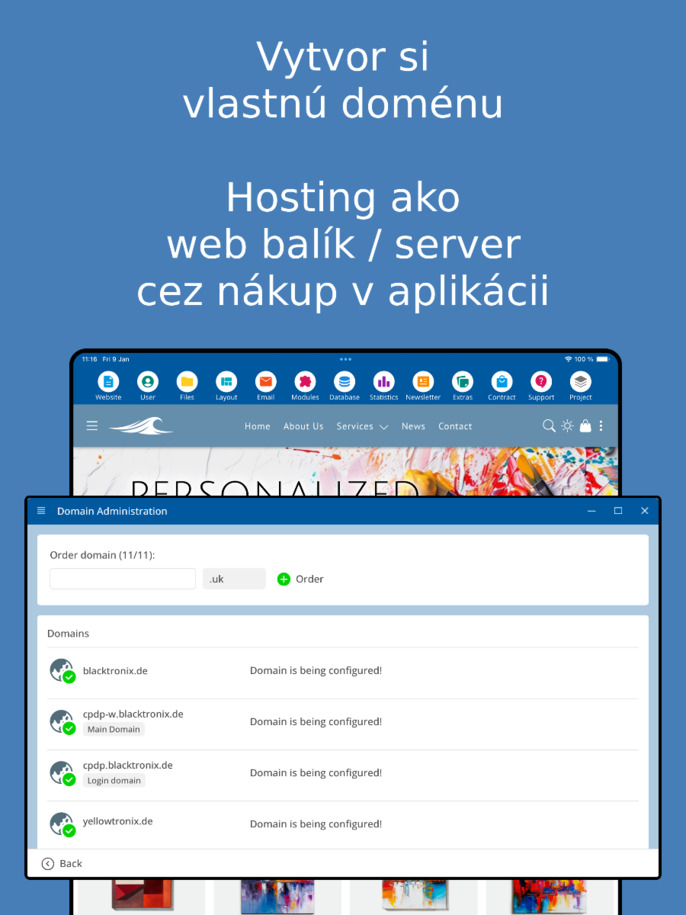Správa domén v aplikácii – snímka obrazovky tabletu