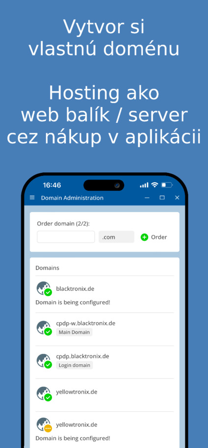 Vytvorte a spravujte vlastnú doménu – snímka obrazovky aplikácie